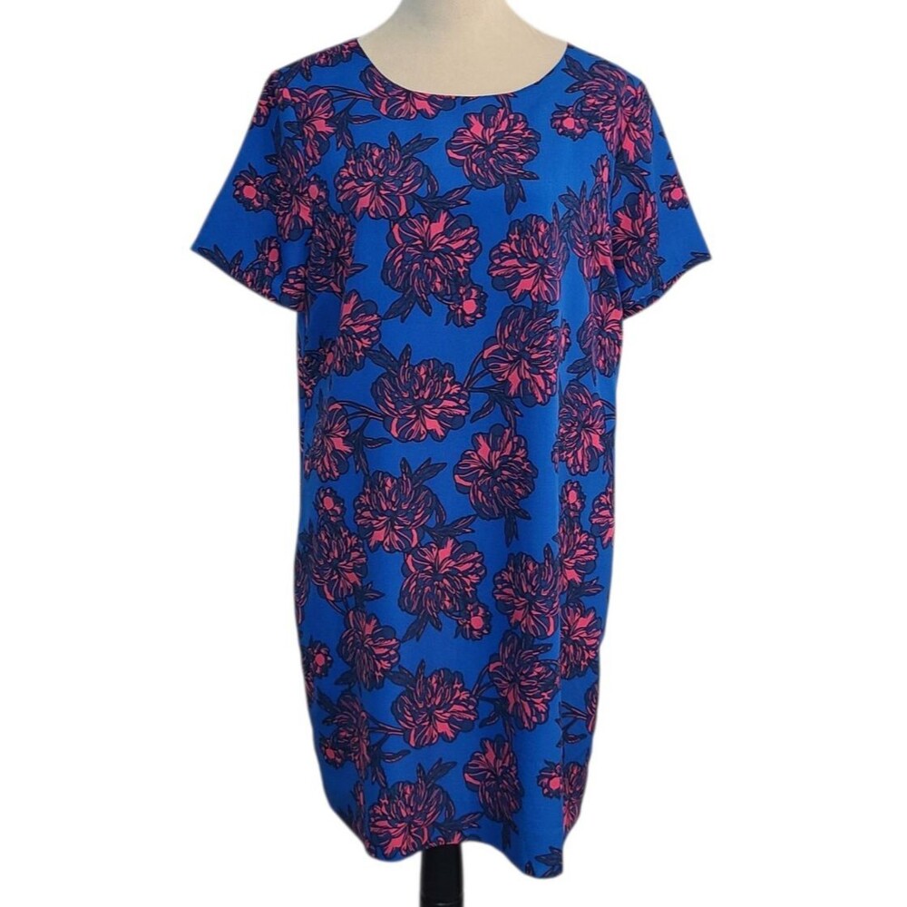 J Crew Cobalt Blue Floral Shift Dress Pink Peony Sz 14 Dopamine Dressing Lined